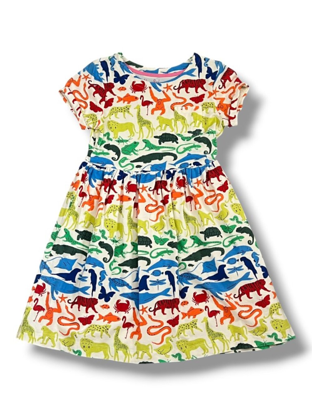 Mini Boden Rainbow Animals Short Sleeve Dress with Pockets Size 9-10Y
